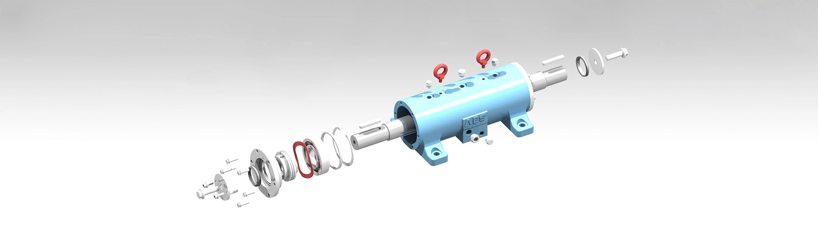 Mô hình 3D bung chi tiết cụm gối đỡ trục AES — trục, vòng bi, phớt, mặt bích