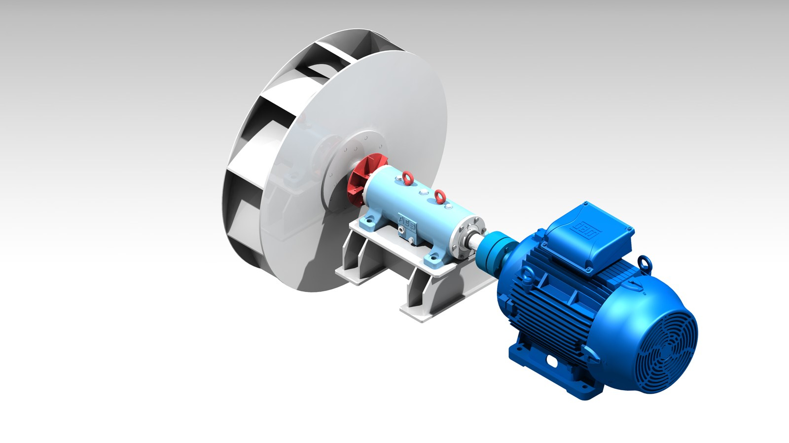 Mô hình 3D cụm quạt ly tâm hoàn chỉnh: cánh quạt, gối đỡ trục AES và động cơ