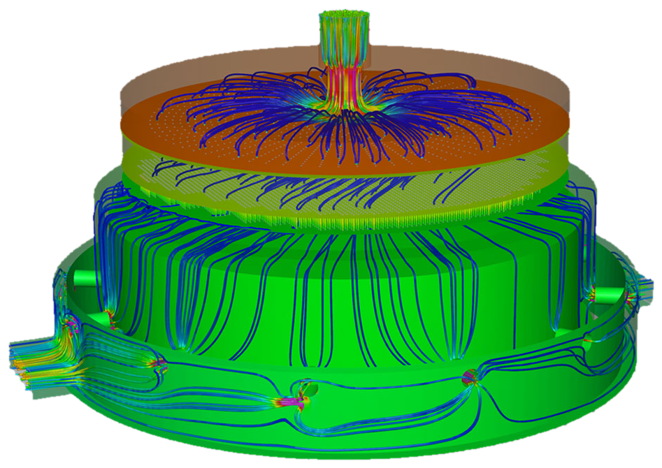 Mô phỏng CFD Simerics — trường dòng & đường dòng vận tốc trong biến mô thủy lực